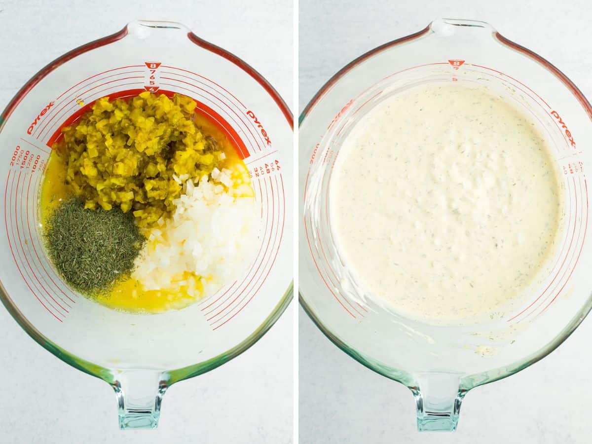 two photos showing the before and after process of making homemade tartar sauce.