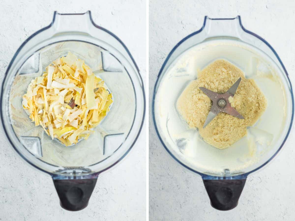 2 photos showing the process of making onion powder in a blender.