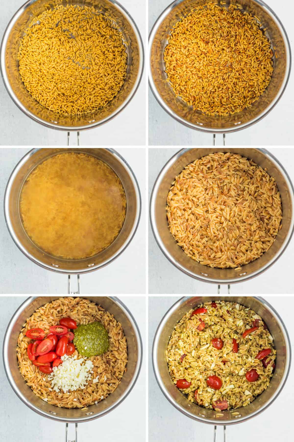 6 Fotos, die den Prozess des Toastens und der Zubereitung eines Orzo-Salats zeigen.