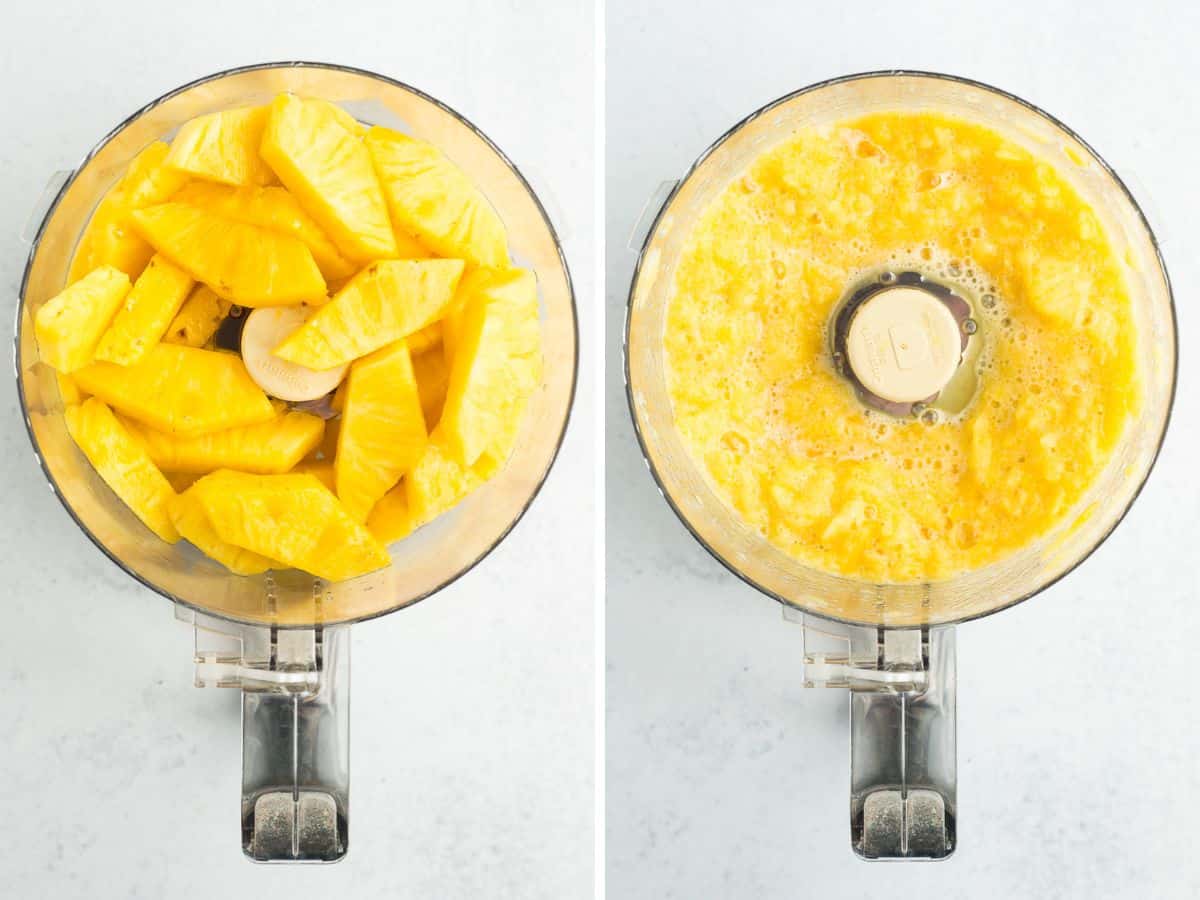two photos showing pineapple in a food processor.