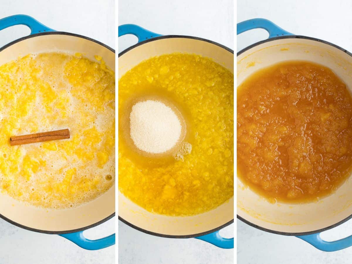 3 photos showing the process of making pineapple jam in a saucepan.