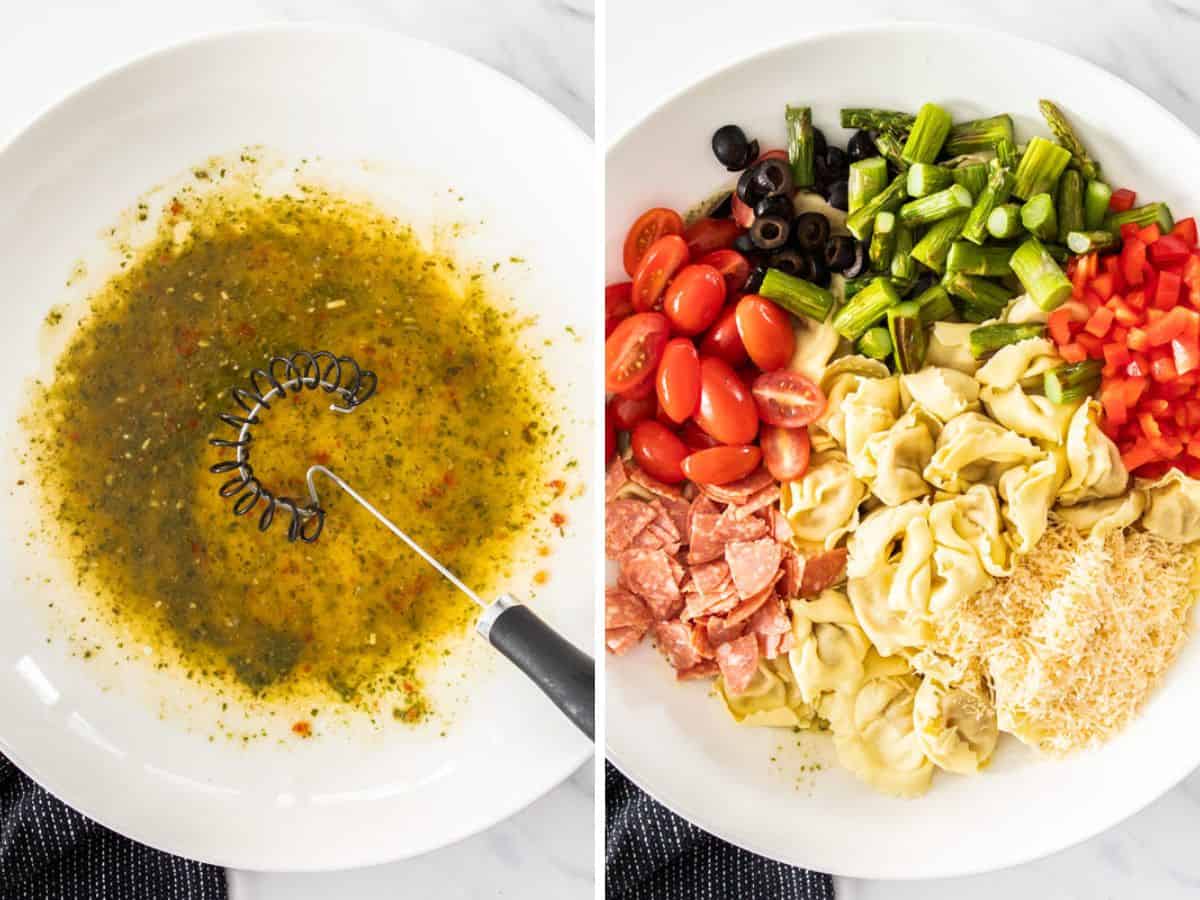 2 photos showing the process of making a cold pasta salad.