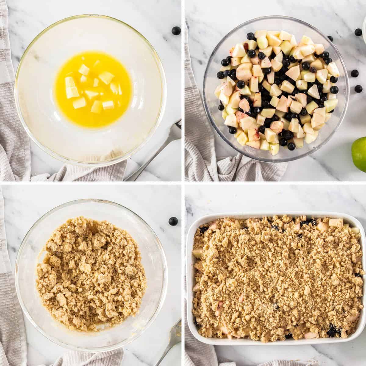 4 photos showing the process of making a fruit crisp.