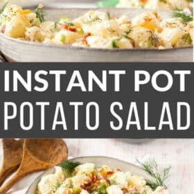 baked potato salad in a white bowl topped with bacon and fresh dill.