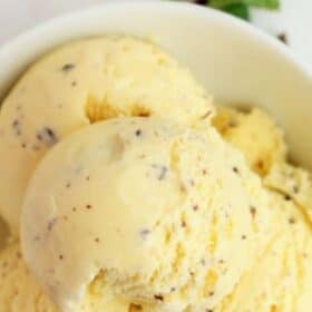 scoops of homemade mint chip ice cream.
