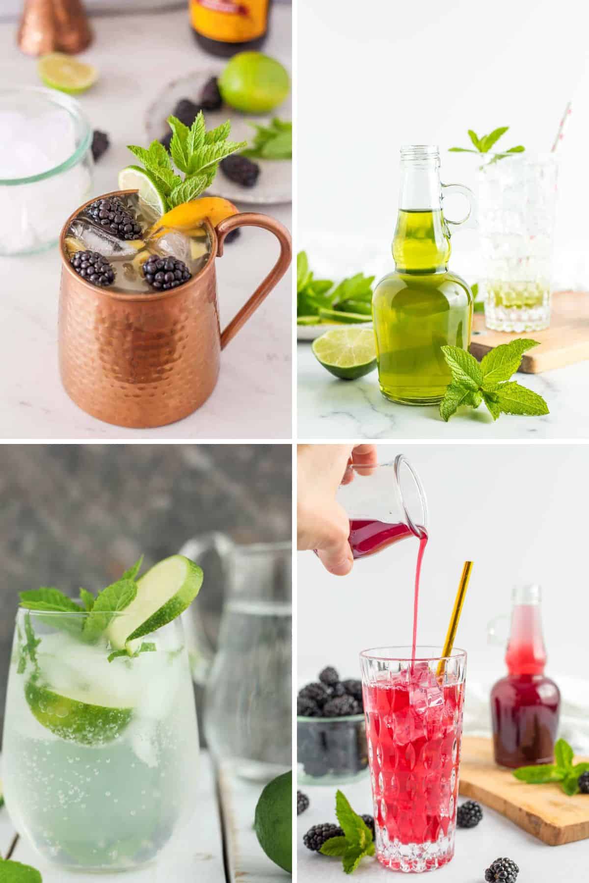 4 photos of mocktail and syrups.