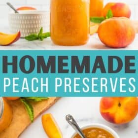 3 jars of peach preserves with fresh peaches and sprigs of mint on a white board.