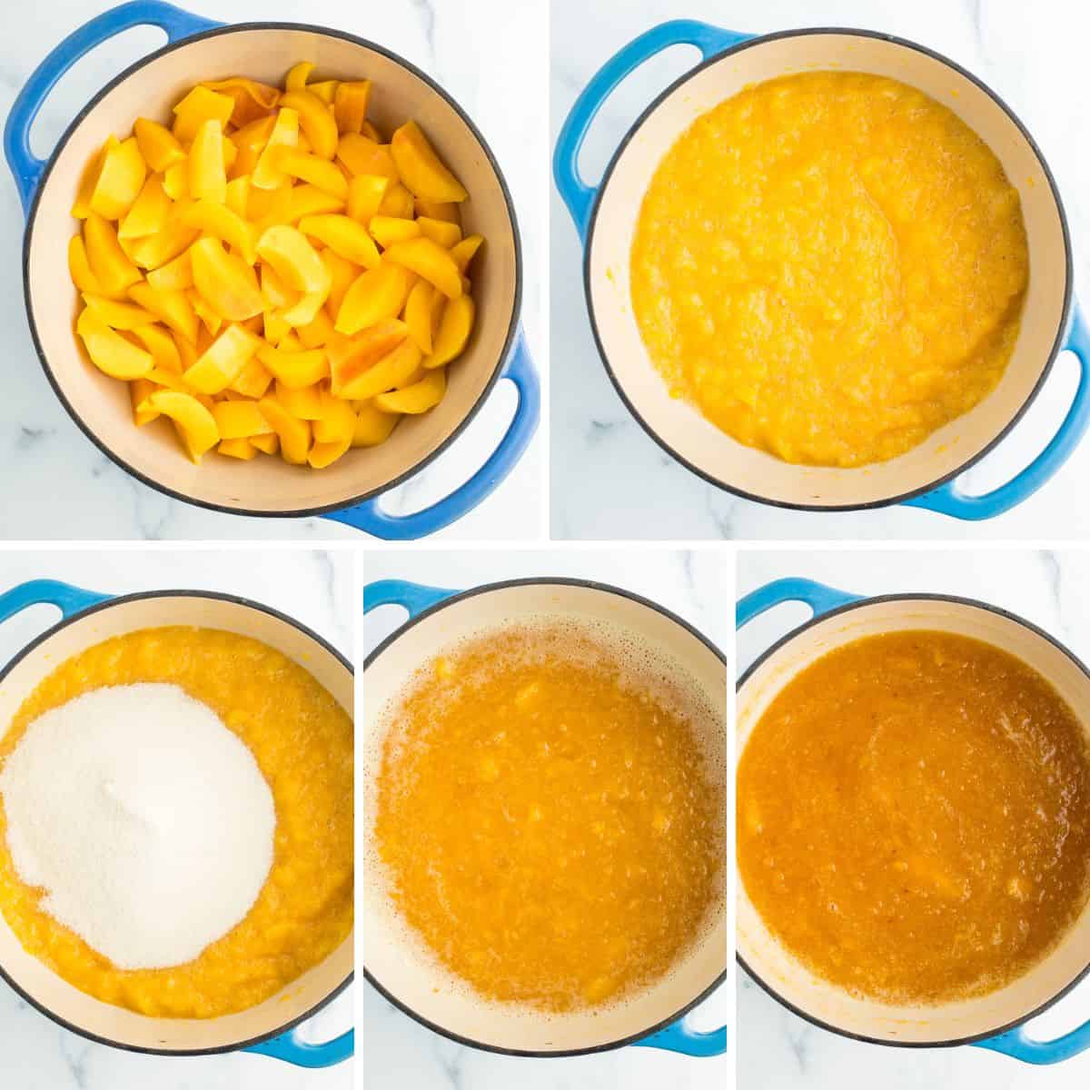 5 photos showing the process of reducing peaches in a cast iron dutch oven.
