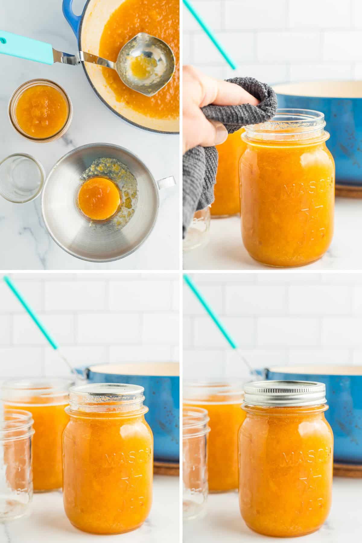 4 photos showing how to can peach preserves.