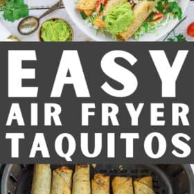 air fryer taquitos on a bed of lettuce, topped with guac, cheese, cilantro, and sliced tomatoes.