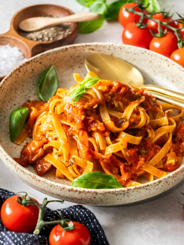 pasta topped with fresh cherry tomato sauce.