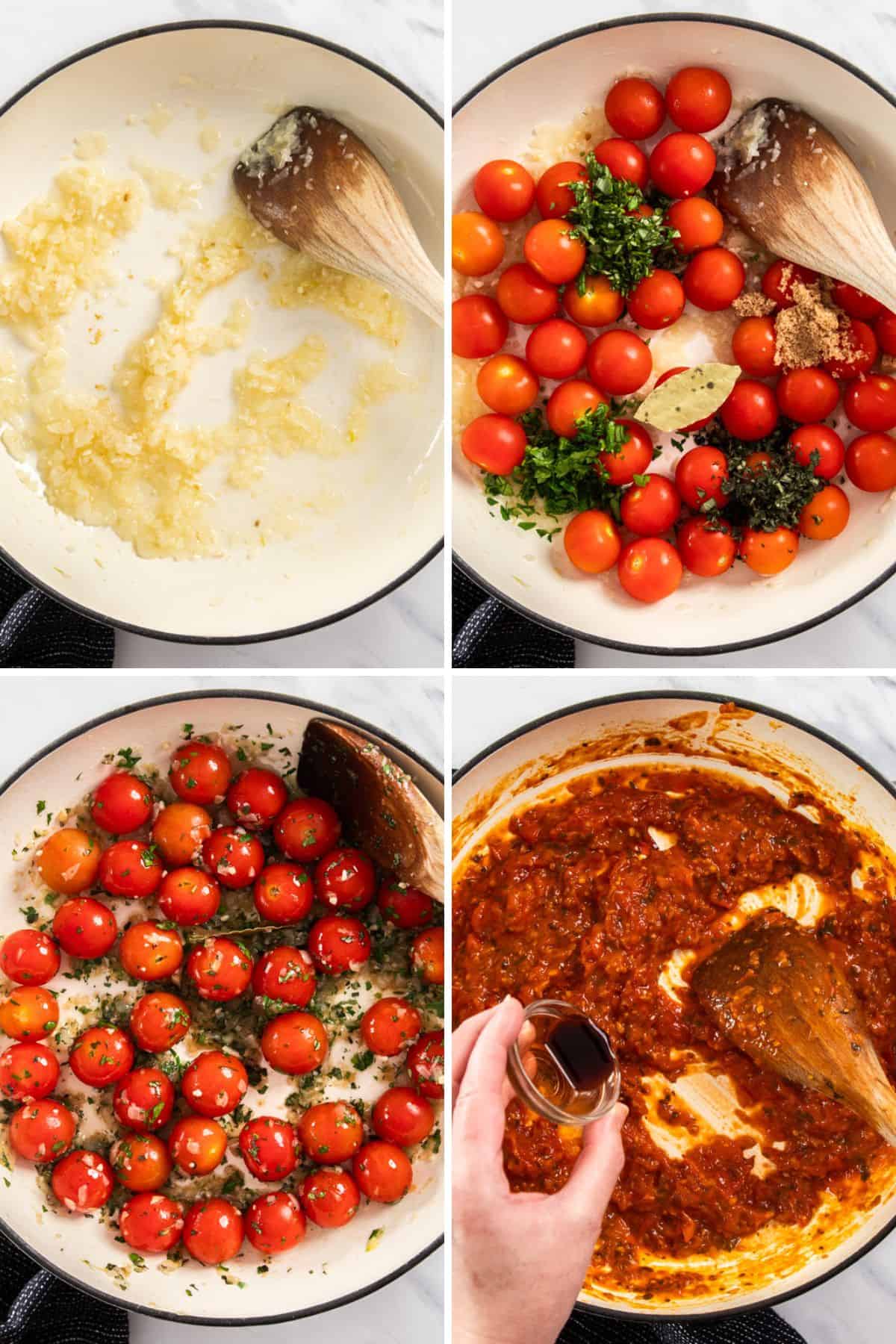 4 photos showing how to roast cherry tomatoes for marinara.