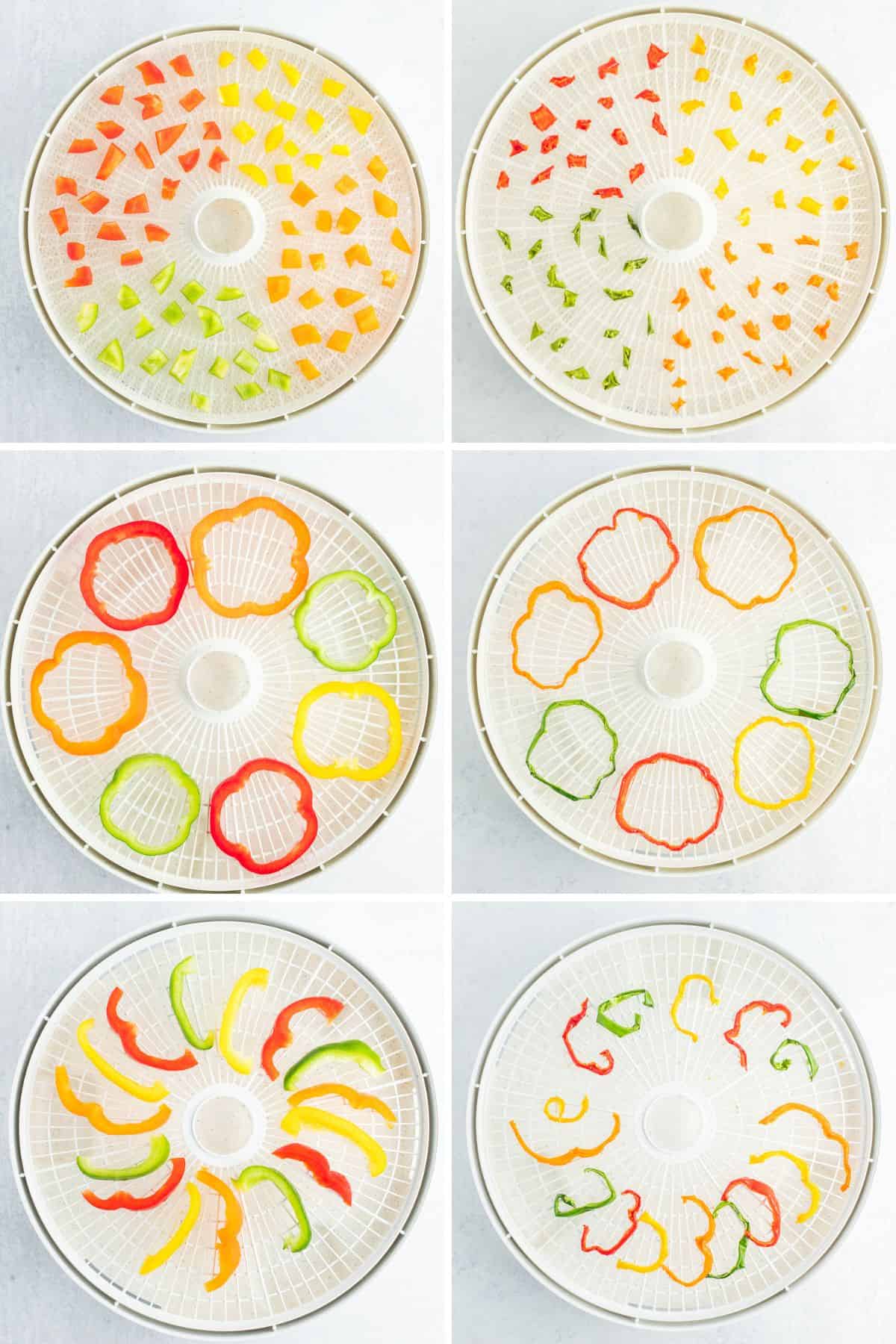 6 photos showing the process of dehydrating peppers.