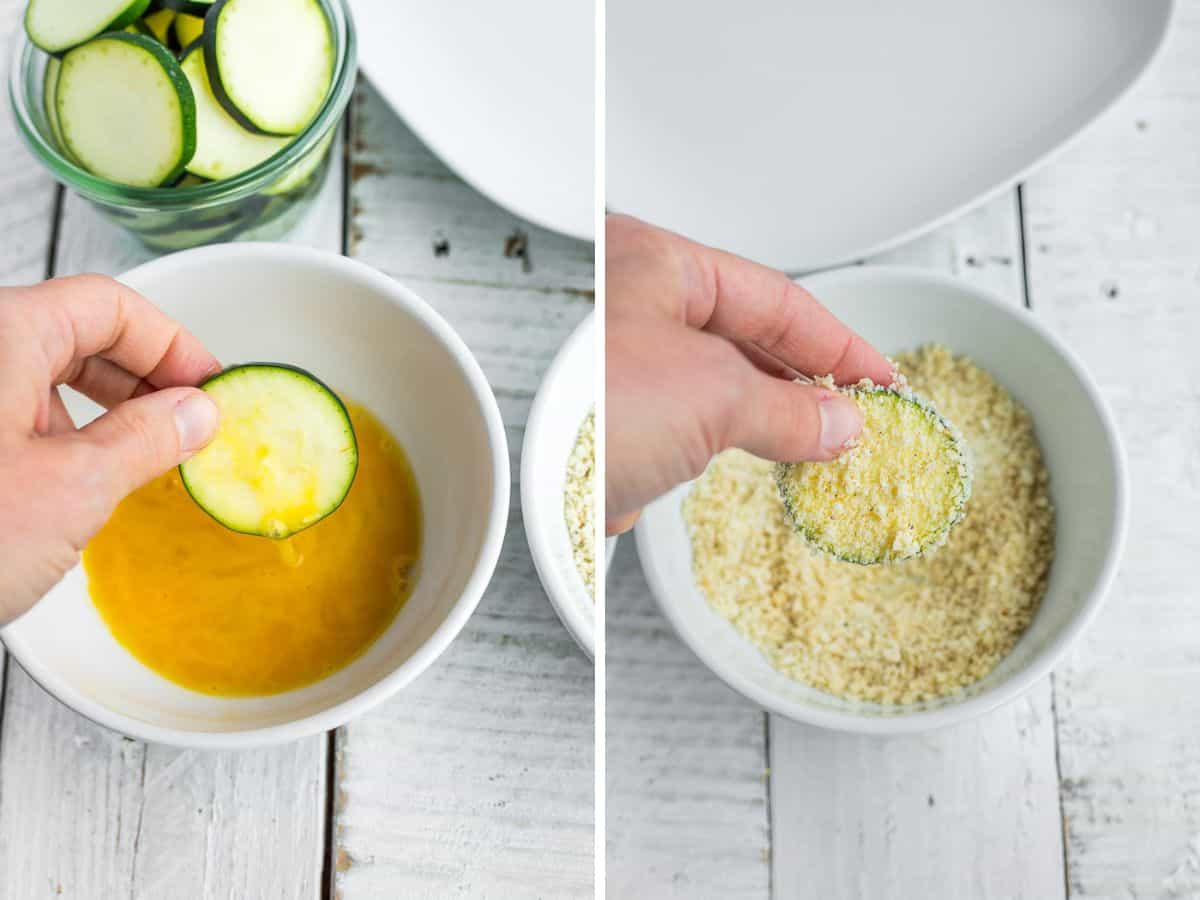 2 photos showing how to bread courgette.