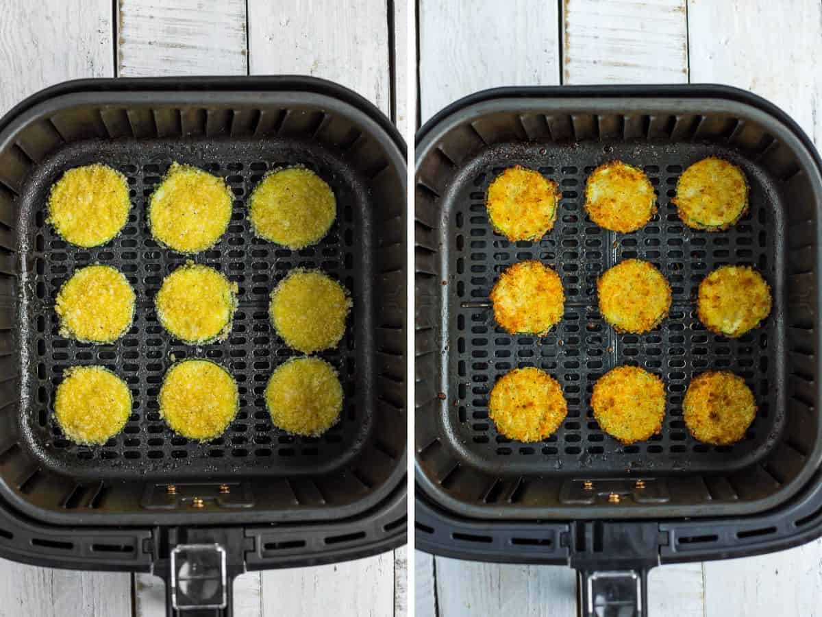 2 photos showing breaded zucchini chips in an air fryer.