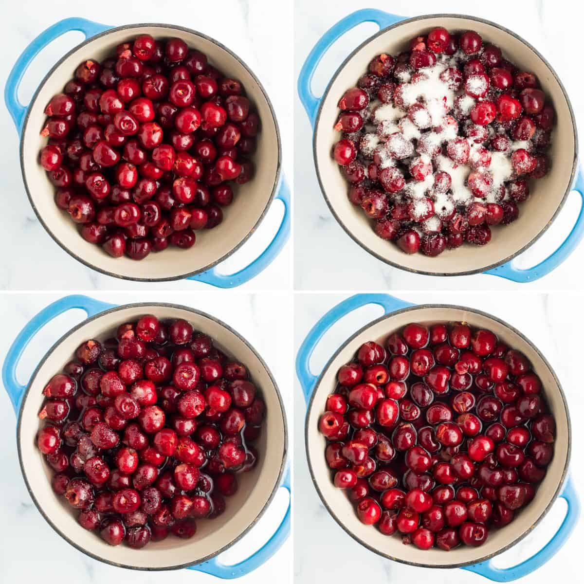 4 photos showing cherries in a blue casserole dish.