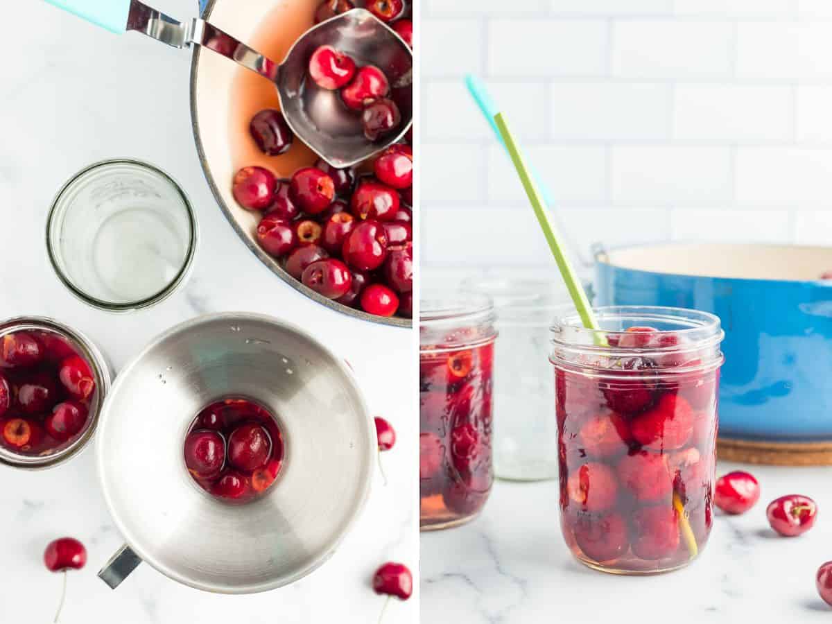 2 photos showing the process of canning cherries.