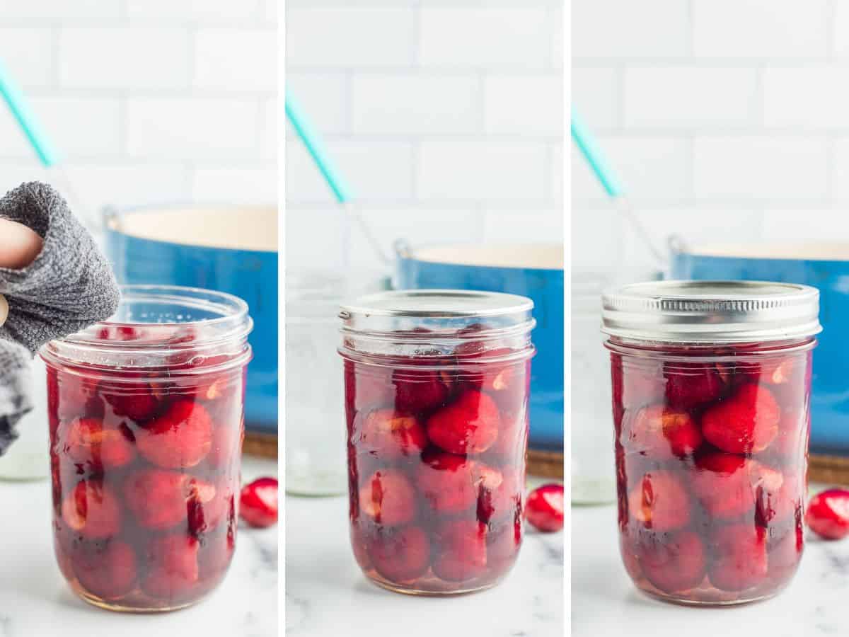 3 photos showing the process of canning cherries.