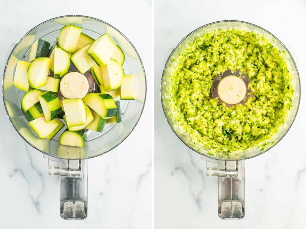 two photos showing summer squash in a food processor.