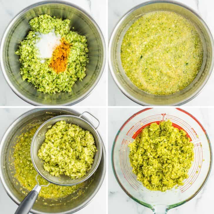 4 photos showing the process of making zucchini relish.