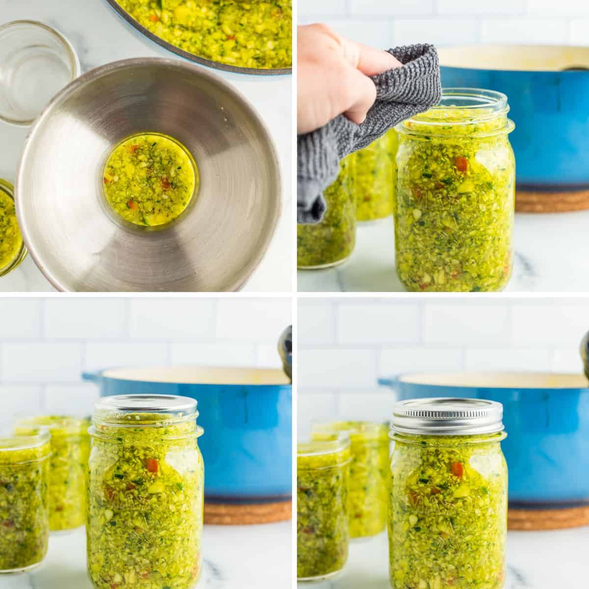 4 photos showing step by step how to jar zucchini relish.
