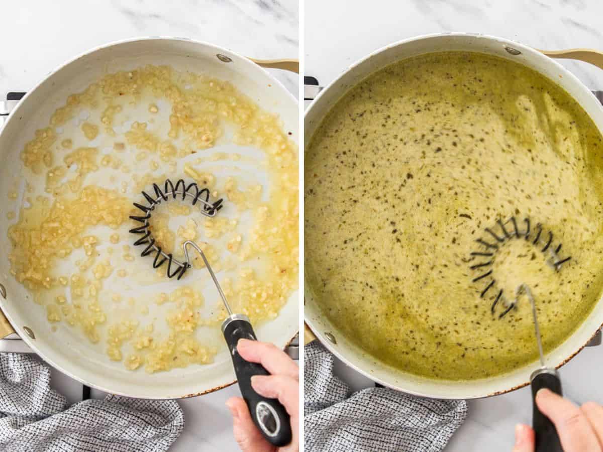 two photos of making a sauce in a white skillet.