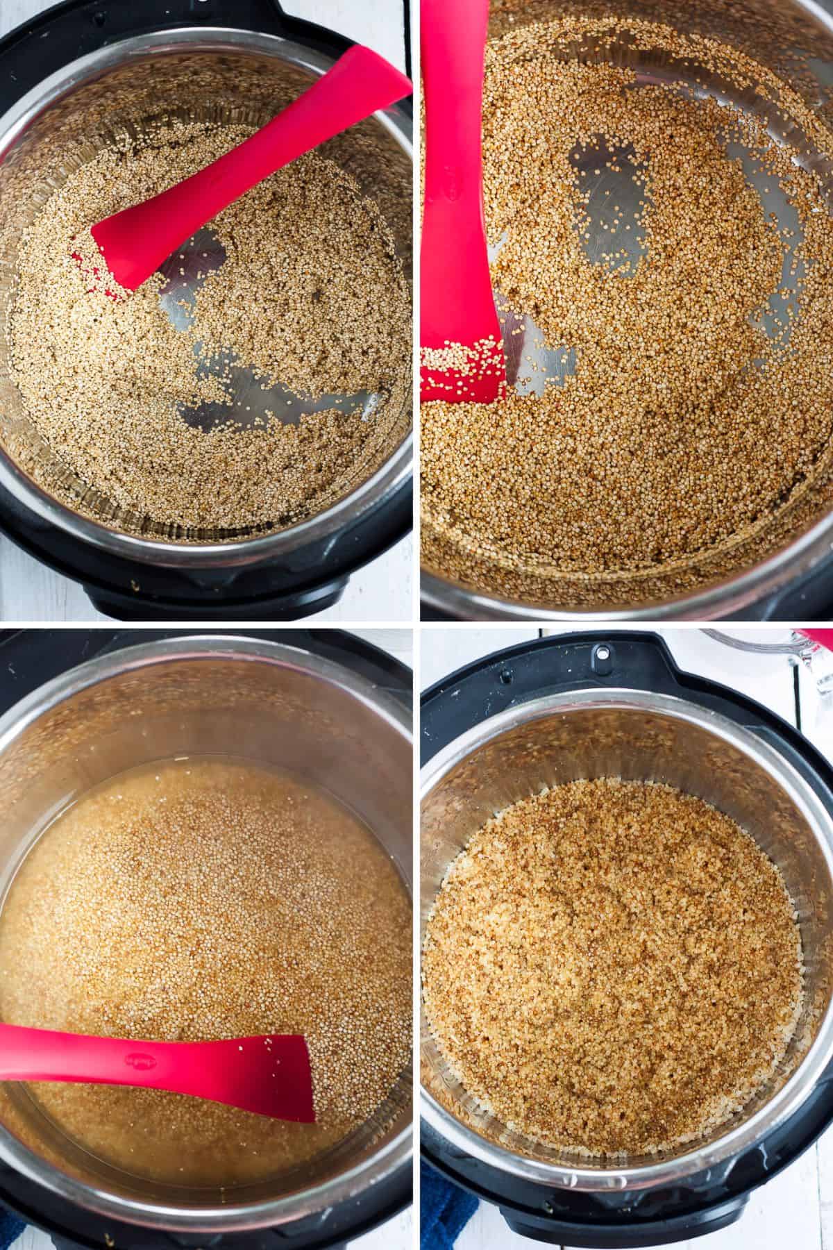 4 photos showing the process of making quinoa in a pressure cooker.