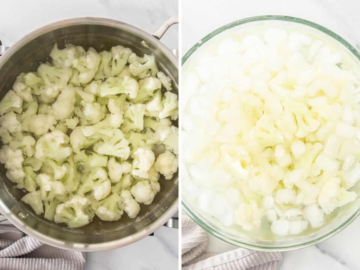 two photos showing the process of blanching cauliflower.