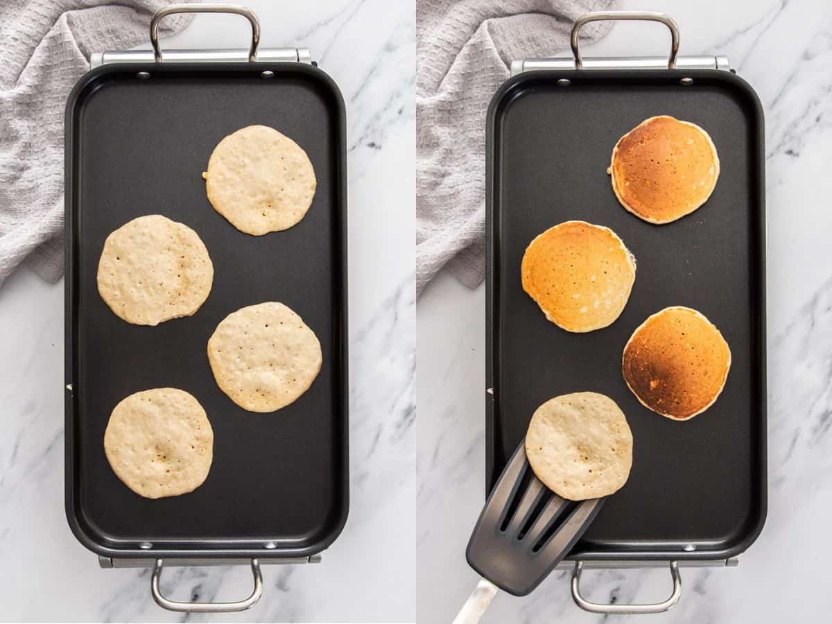 2 photos showing the processing of making flapjacks on a griddle.