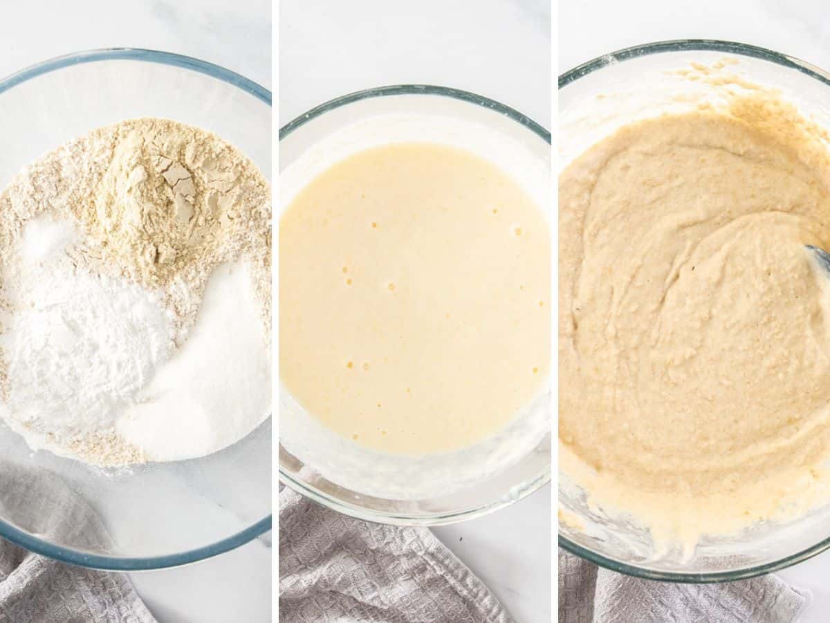 3 photos showing the process of mixing the batter for whole grain pancakes.