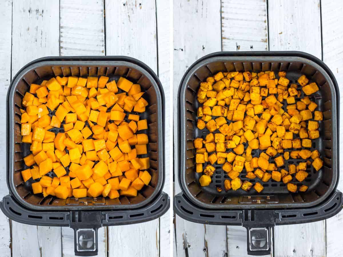 Two photos of cubed butternut squash in an air fryer basket.