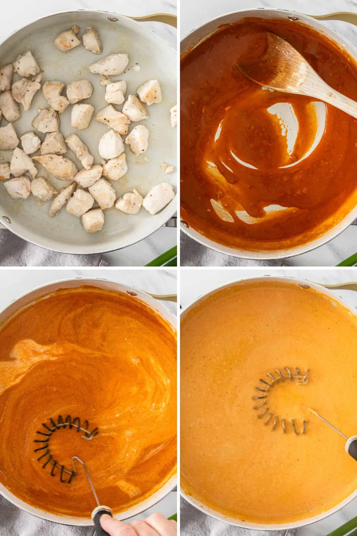 4 photos showing the process of cooking chicken and a sauce in a white skillet.