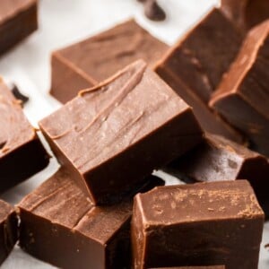 Pieces of fantasy fudge on a white surface.