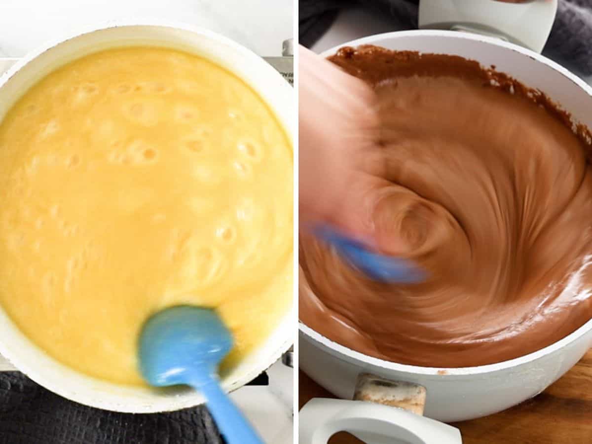 two photos of fudge being made in a saucepan.