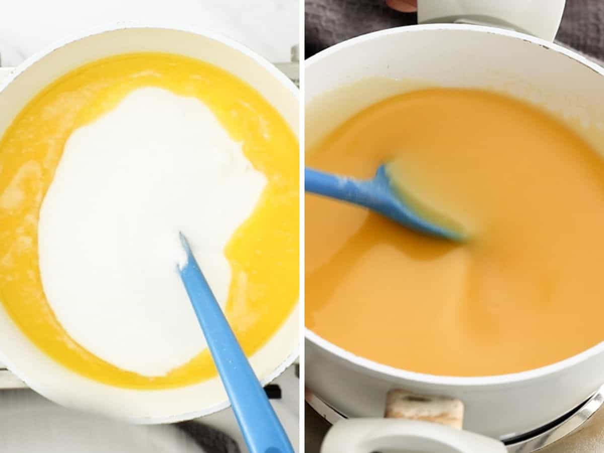 Two photos of sugar, butter, and evaporated milk being heated in a saucepan.