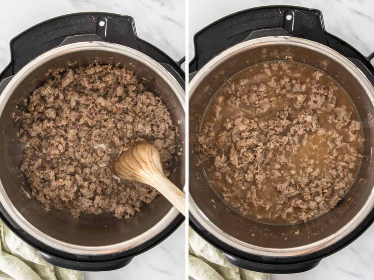 2 photos showing the process of browning meat in an Instant Pot.
