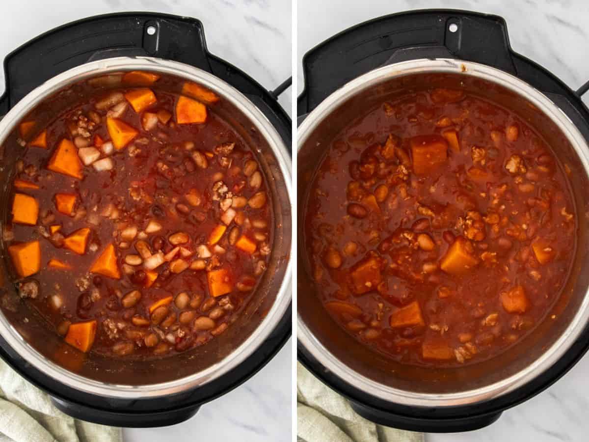 Two photos showing before and after photos of cooking chili in and Instant Pot.