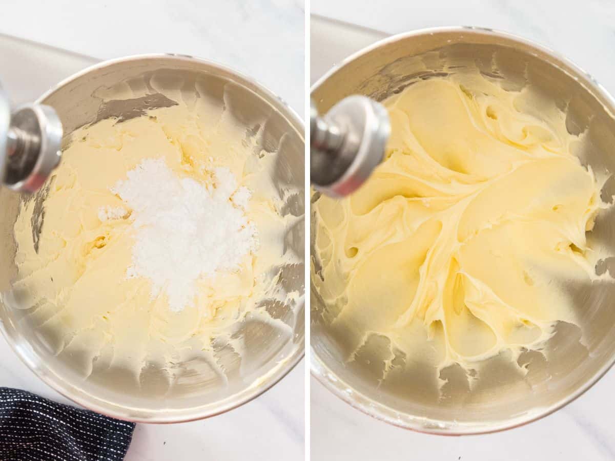 two photos showing how to make cream cheese frosting.