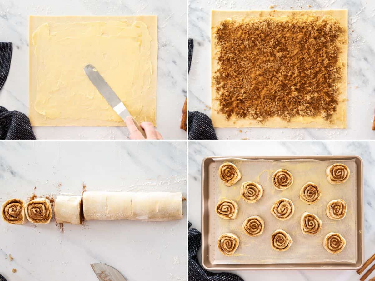4 photos showing the process of making cinnamon rolls.