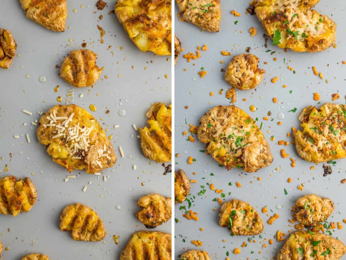two photos showing the process of making smashed potatoes on a baking sheet.