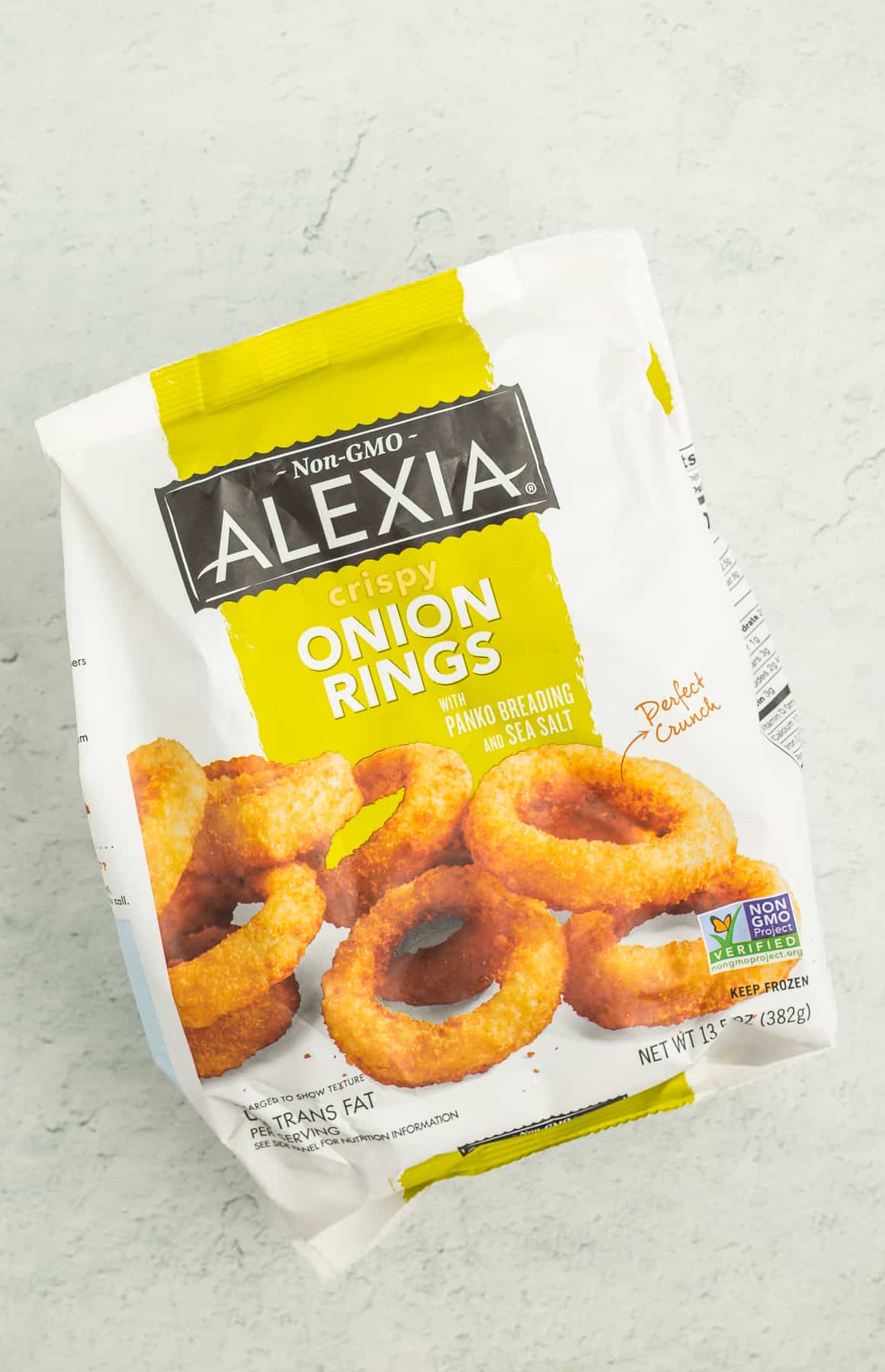 a bag of Alexia frozen onion rings.