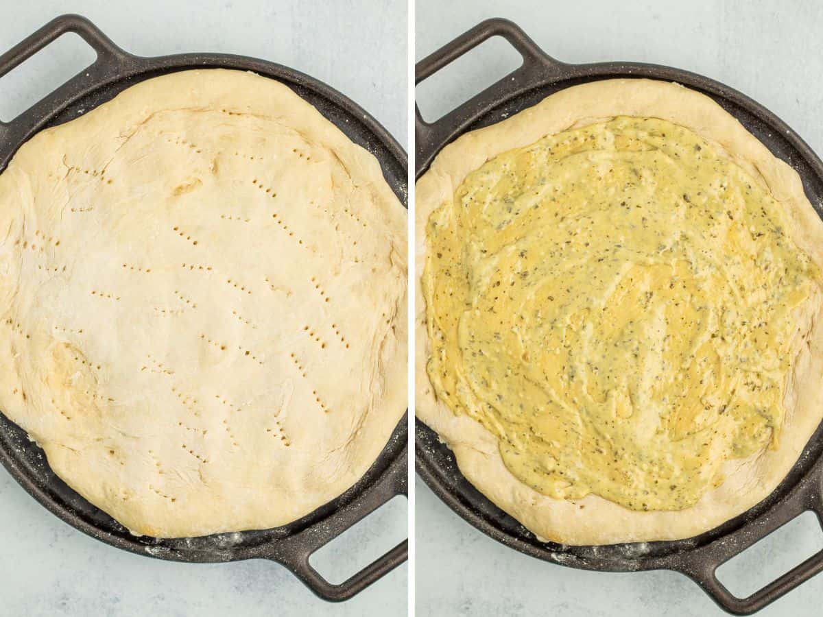 two photos showing how to make homemade pizza.