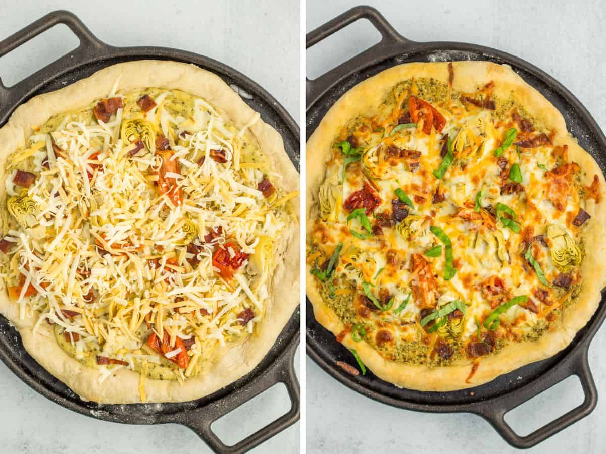 two photos showing how to make homemade pizza.