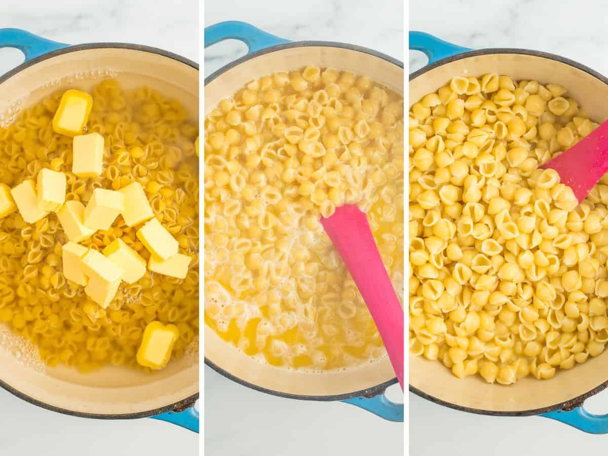 3 photos showing how to make stovetop macaroni and cheese.