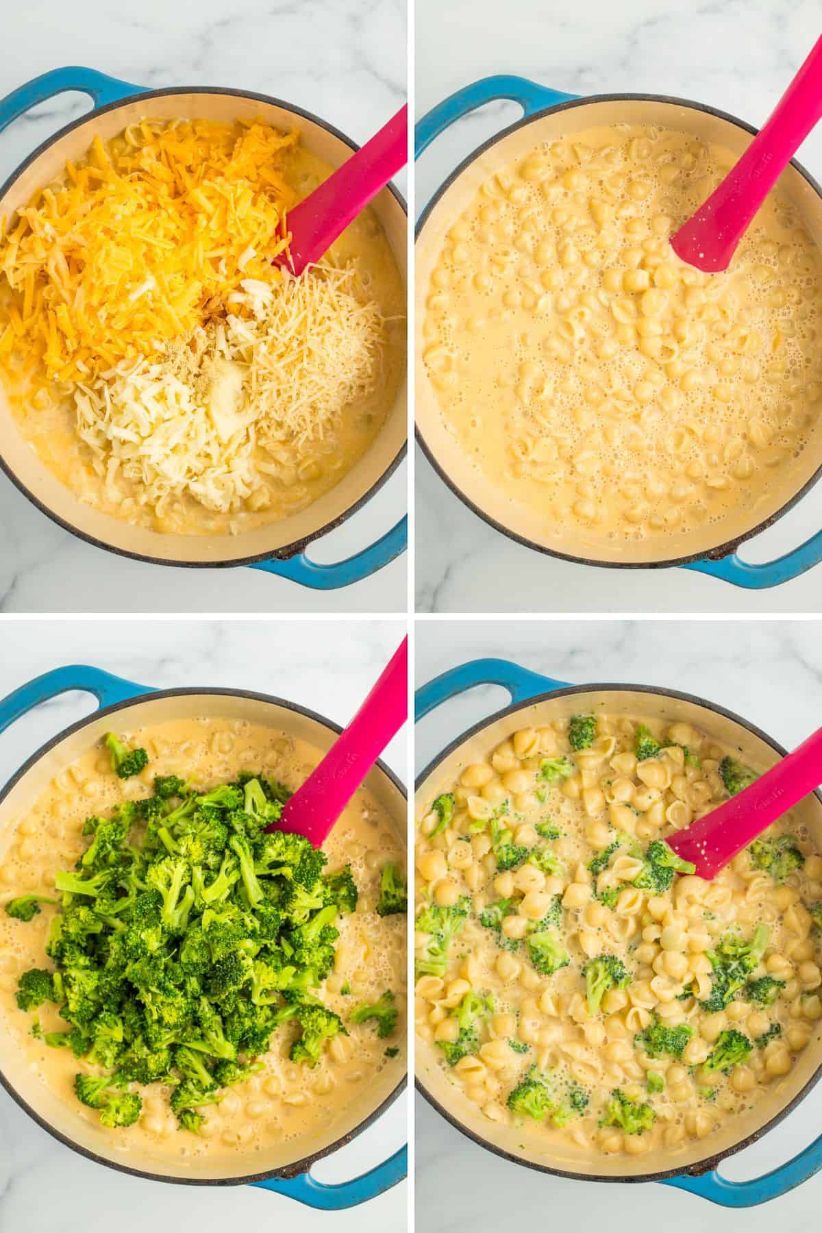 4 photos showing how to make stovetop macaroni and cheese.