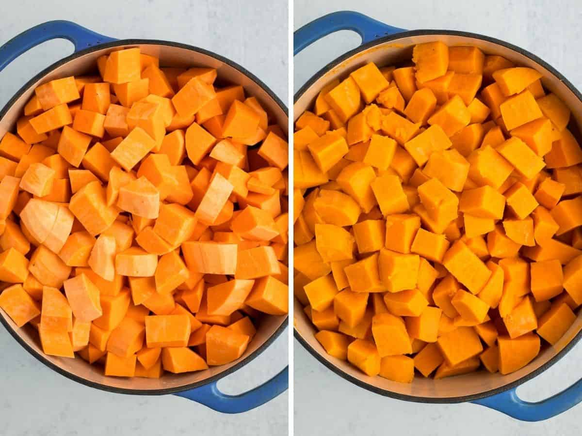 two photos of cubed sweet potatoes in a enameled saucepan.