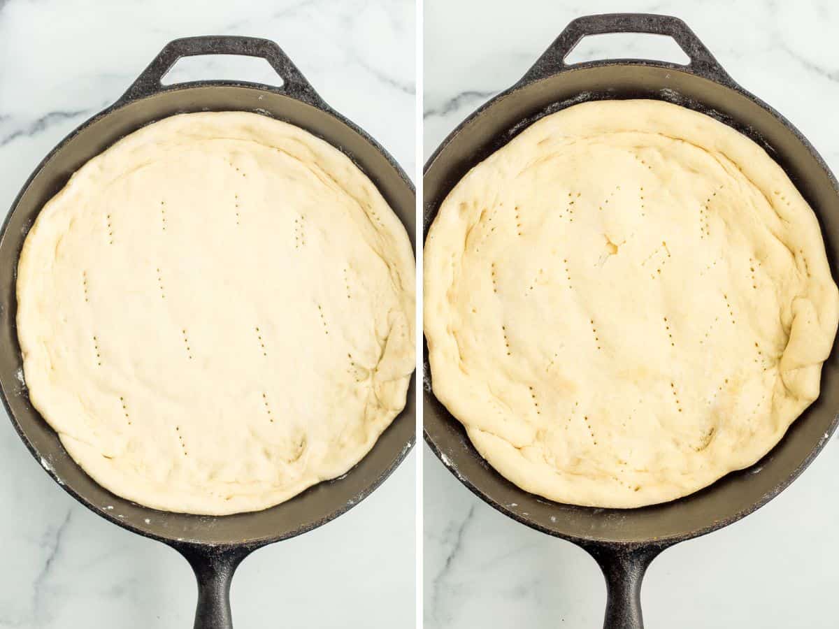 two photos of pizza dough in a skillet.