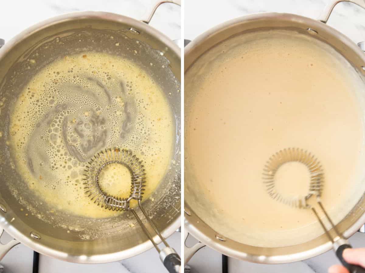 two photos showing the process of making a cream sauce in a pan.