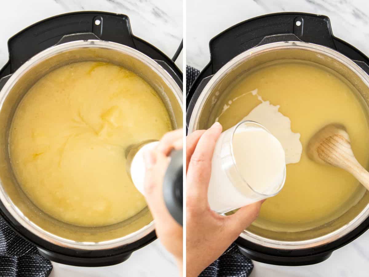 2 photos showing the process of blending and flavoring soup in a pressure cooker.