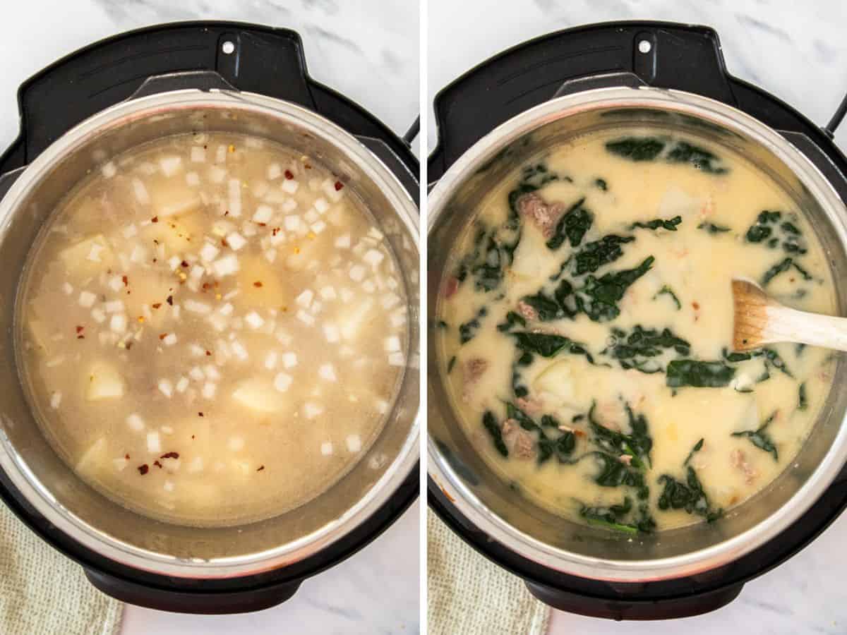 two photos showing how to make Zuppa Toscana in an Instant Pot.